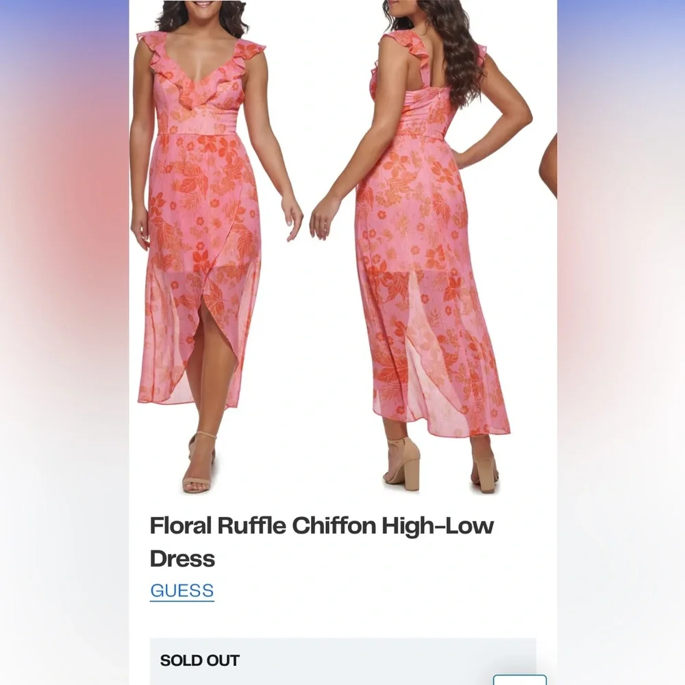 GUESS Pink Floral Ruffle Chiffon High-Low Dress - Picture 1 of 4